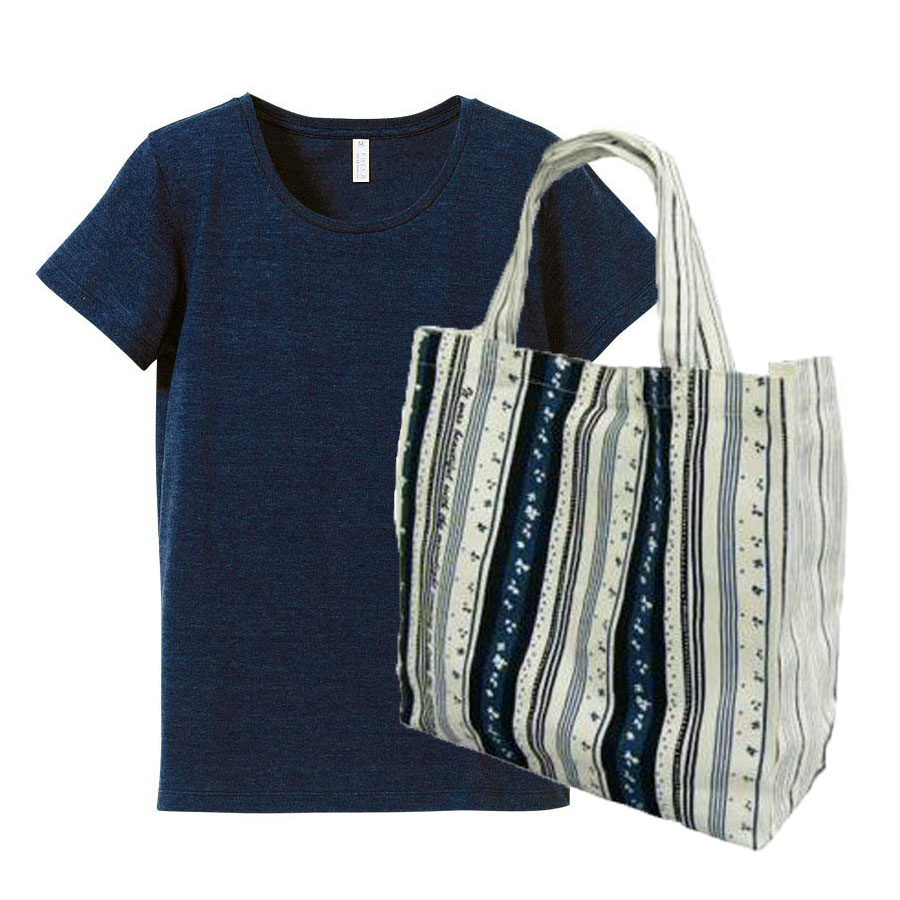 ヴィンテージTシャツ+トートバッグ(リーフ)・コーデ 4.4oz XS～XLサイズ (ヴィンテージへザーネイビー+バッグ(リーフ))