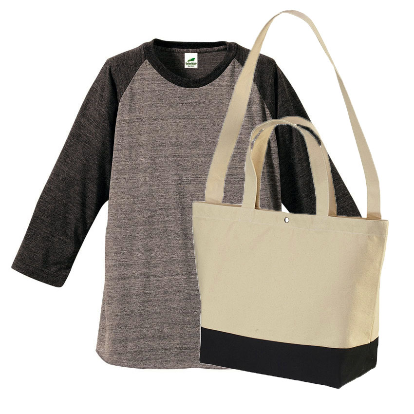 V.へザー・へザーチャコール(七分袖)+ナチュラル・ネイビー(バッグ)