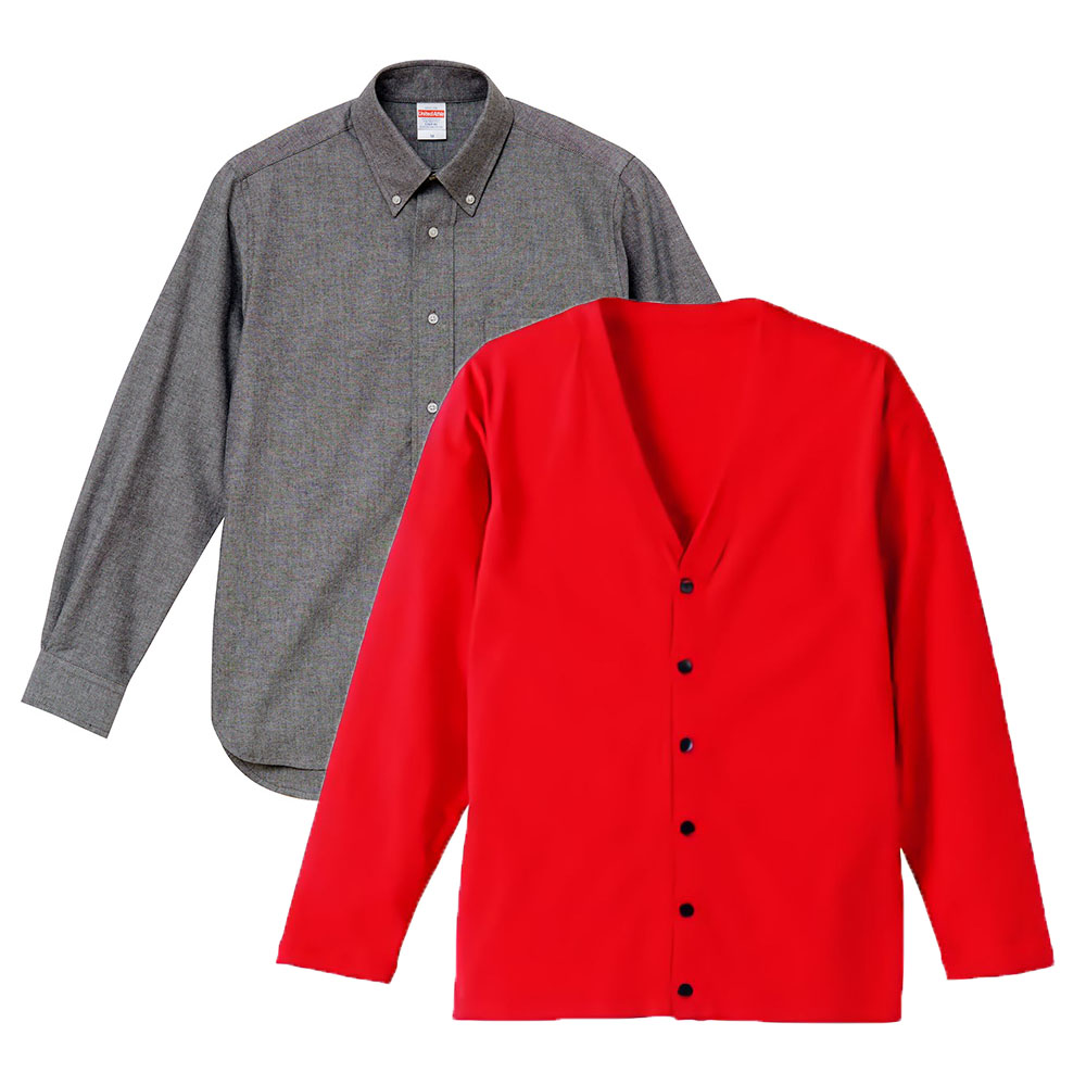 ユナイテッドアスレオックスフォード長袖シャツ+コットンカーディガン for Men (OXグレー+フレンチレッド(カーディガン))