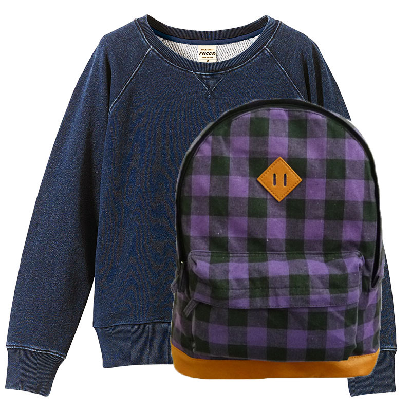 rucca 12.2oz クルーネックデニム+チェック柄デイバッグ(パープル) for Girls. (ワンウォッシュ)