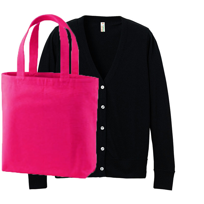 レディースカーディガン(ブラック)+トートバッグ コーデ学割セット (トロピカルピンク(バッグ))