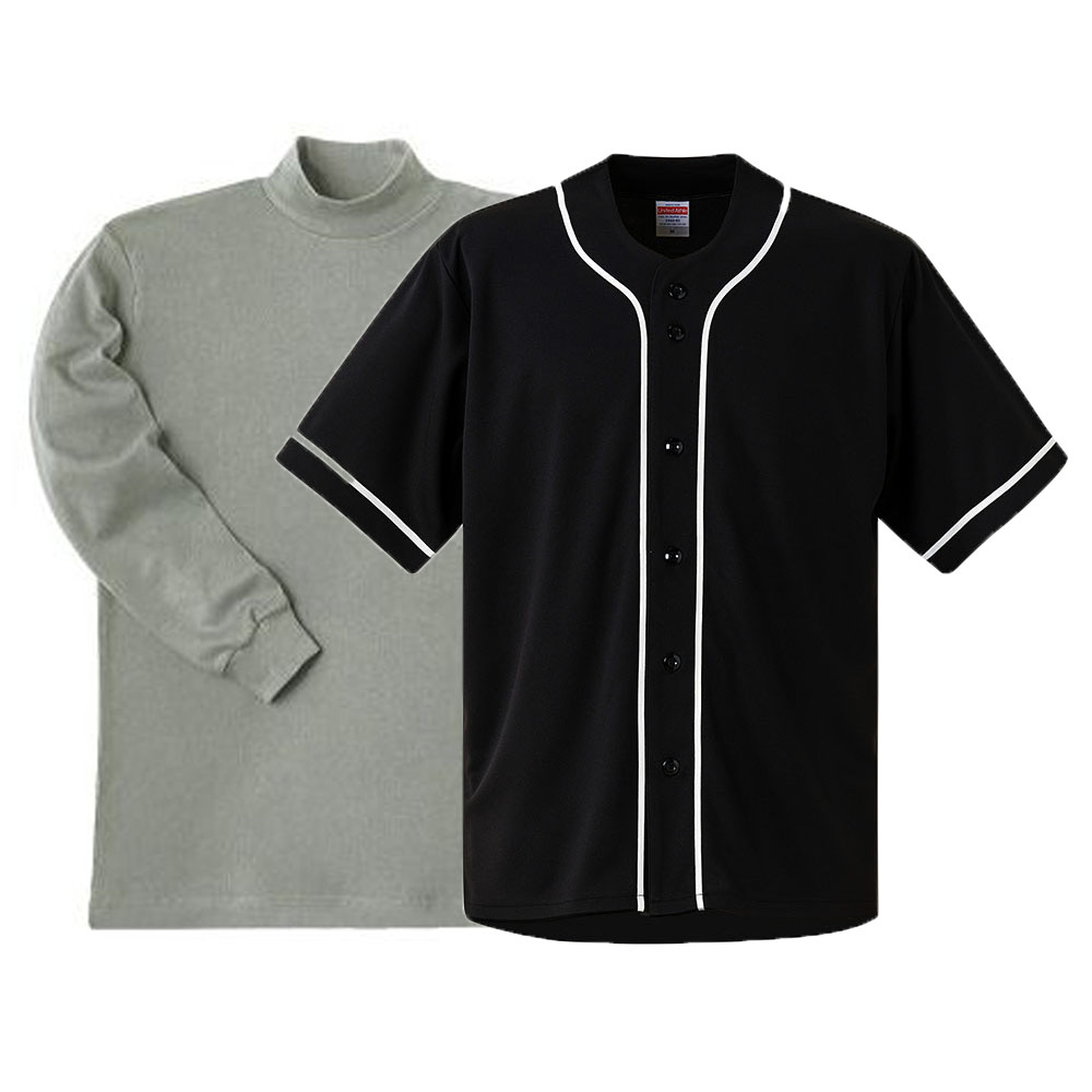 ユナイテッドアスレ ベースボールシャツ+厚手で丈夫な長袖ハイネックシャツ (ブラック・ホワイト+杢グレー(Inner))