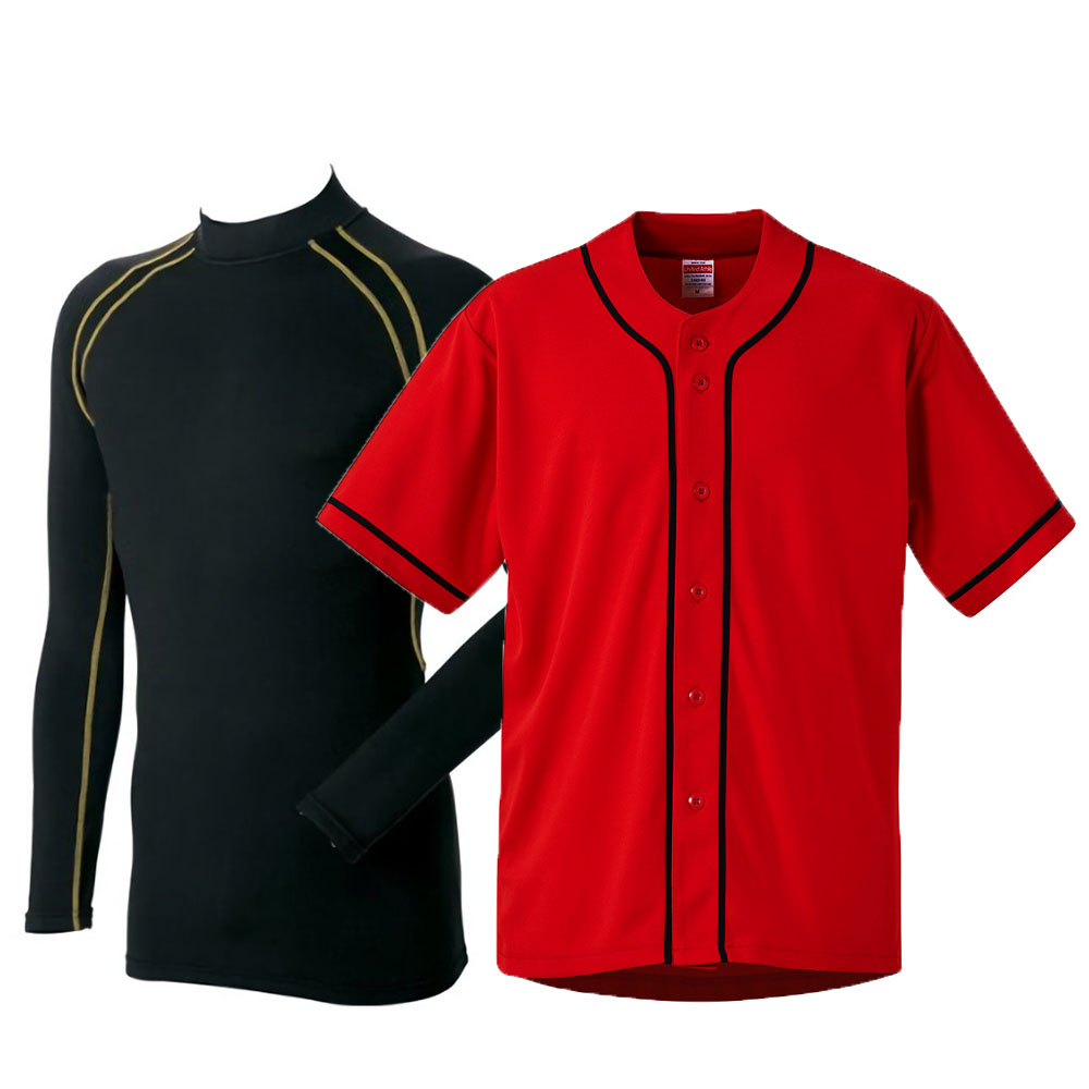 ユナイテッドアスレ ベースボールシャツ+裏起毛コンプレッションウェア(ブラック×ゴールドライン) (レッド・ネイビー(Outer))