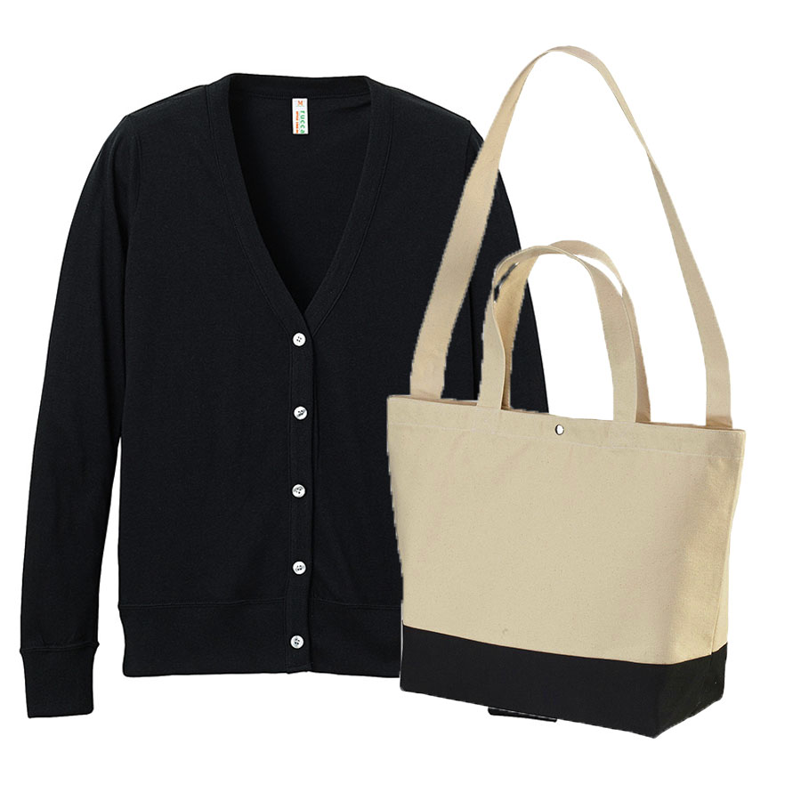 ブラック(カーディガン)+ナチュラル・ネイビー(バッグ)
