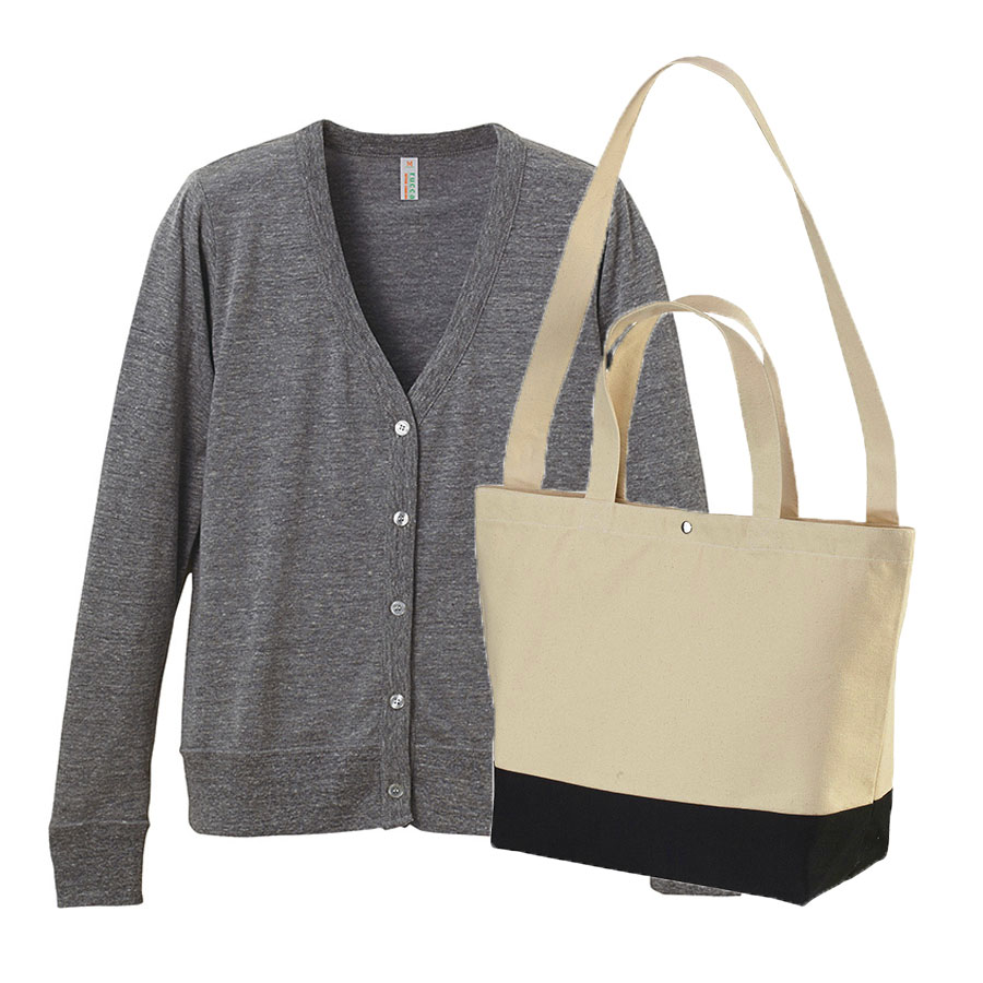 V.へザー(カーディガン)+ナチュラル・ネイビー(バッグ)
