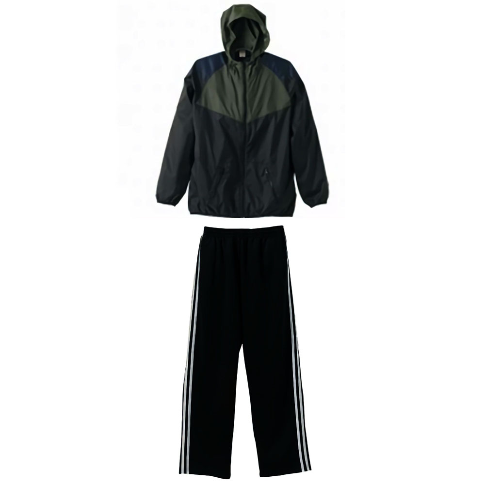 ナイロンパーカー(フード付きウィンドブレーカー)+ジャージロングパンツ上下コーデ (ブラック・シルバー(ジャージ))