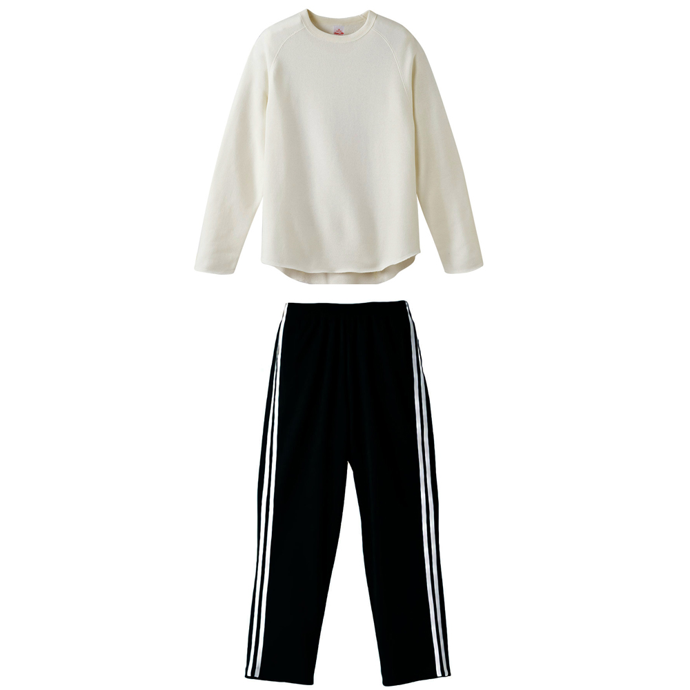 FF 8.4oz カットオフクルーネックスウェット+ジャージロングパンツ上下コーデセット (上バニラホワイト+下ブラック・ホワイト)