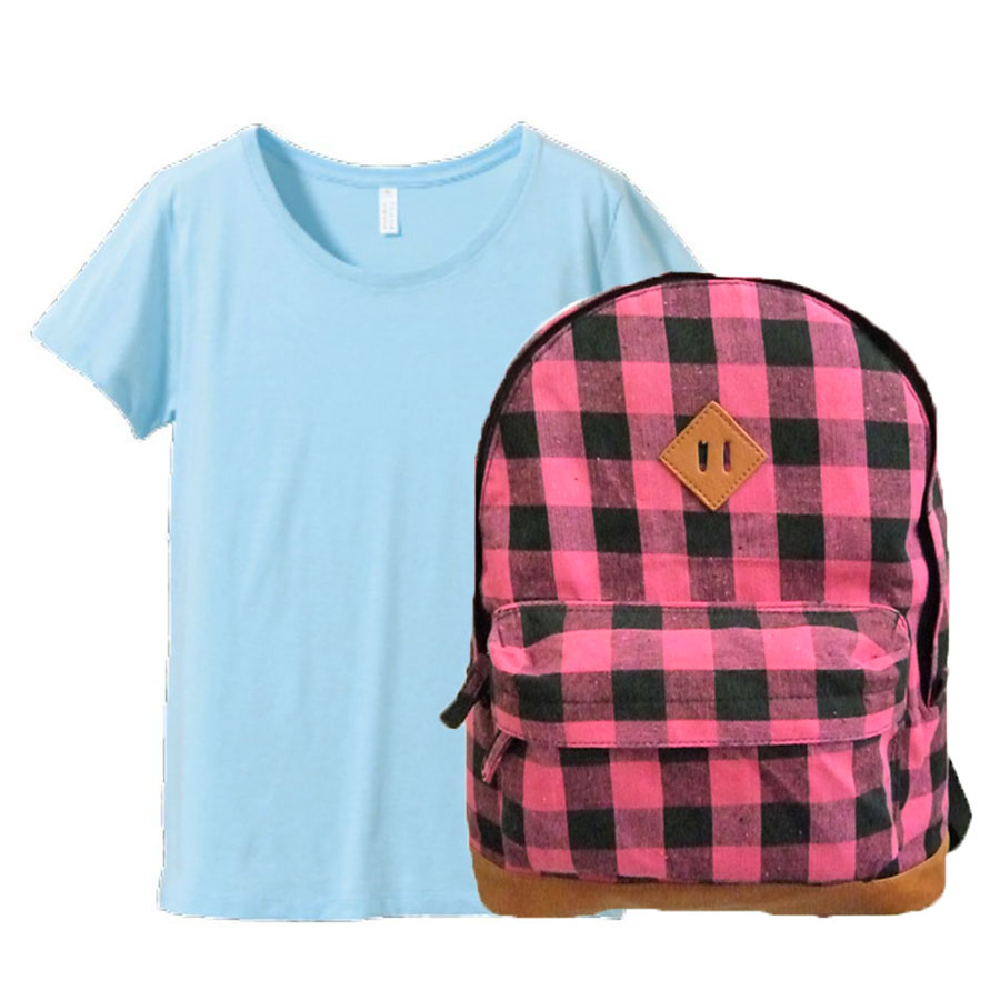 実感さらさらドライTシャツ 4.1oz +チェック柄デイバッグ・コーデ学割セット for レディース (ライトブルー(Tシャツ)+ピンク(バッグ))