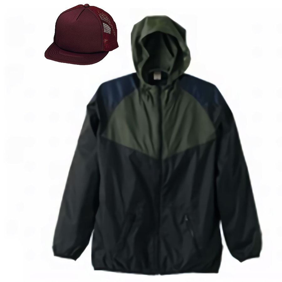 ナイロンパーカー(フード付きウィンドブレーカー)+メッシュキャップ コーディネート (オリーブ・ブラック+帽子(マロン))