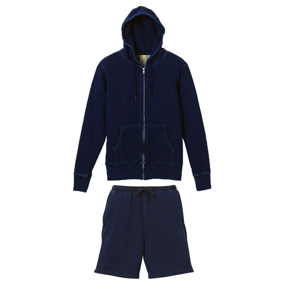 INDIGO 12.2oz デニムスウェット上下セットアップ フルジップパーカー+ショーツ (上下ワンウォッシュ)