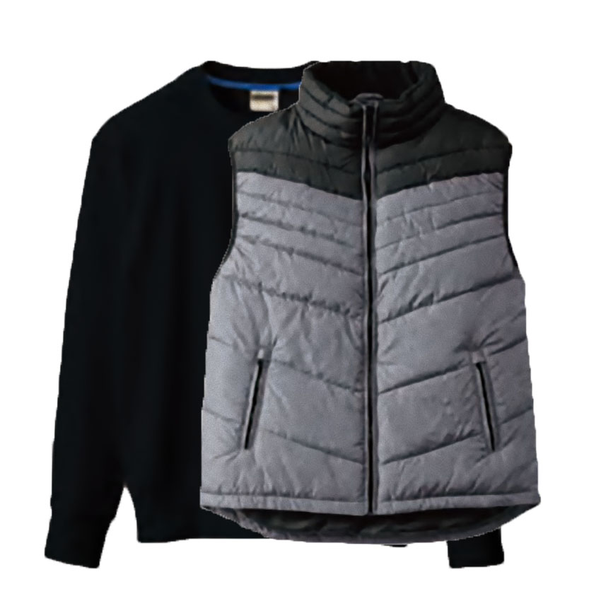 防寒ベスト(衿フリース・撥水)+ 9.4oz トレーナー セットアップ 3Lサイズ (グレー(Outer)+ブラック(Inner))