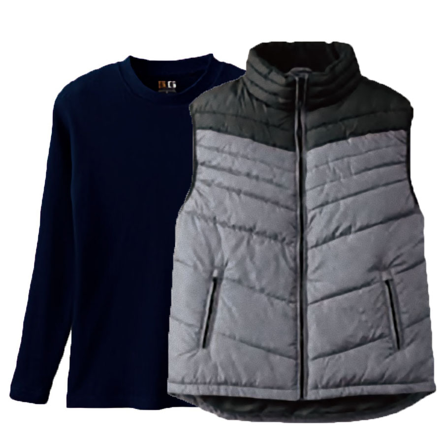 G.GROUND重ね着コーデ 防寒ベスト(衿フリース・撥水)+厚手の長袖Tシャツ M～LL (グレー(Outer)+ネイビー(Inner))