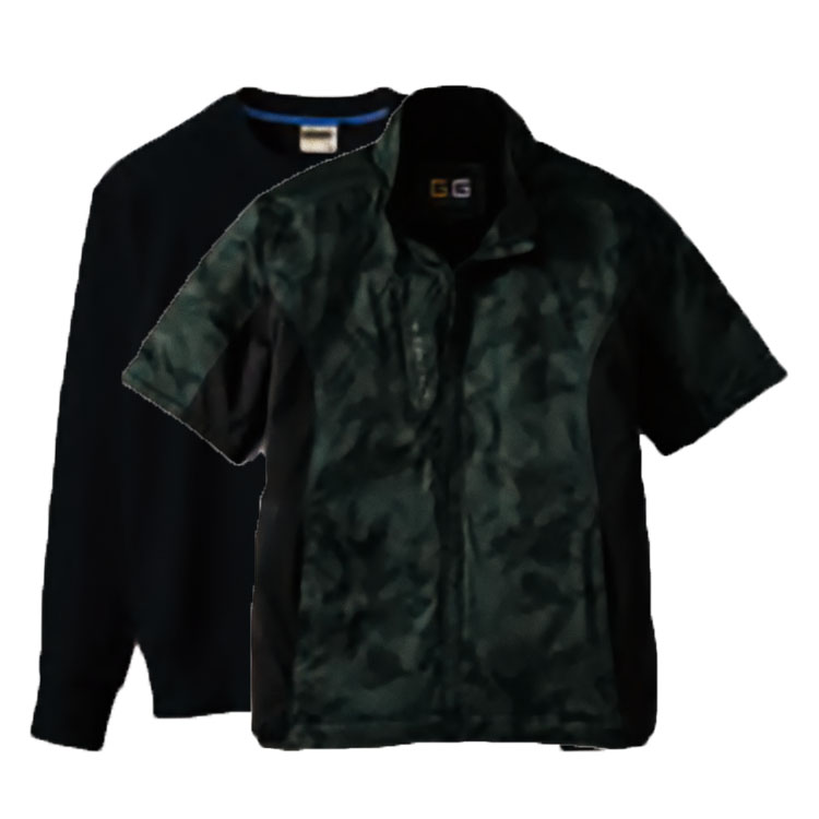 防寒重ね着アウトドアウェア トレーナー(9.4oz)+半袖アウター(衿裏フリース) S～LL (カモフラグリーン(Outer)+ブラック(Inner))