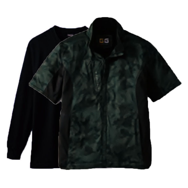 重ね着アウトドアウェア 長袖Tシャツ(4.4oz)+半袖アウター(衿裏フリース) S～LL (カモフラグリーン(Outer)+ブラック(Inner))