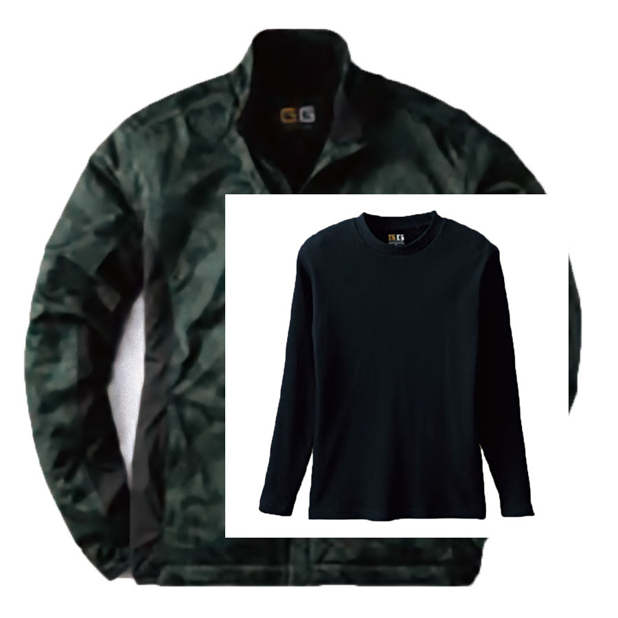アウトドアウェア・コーデ 防風ブルゾン(衿裏フリース)+8.8oz長袖Tシャツ 4Lサイズ (カモフラグリーン(Outer)+ブラック(Inner))