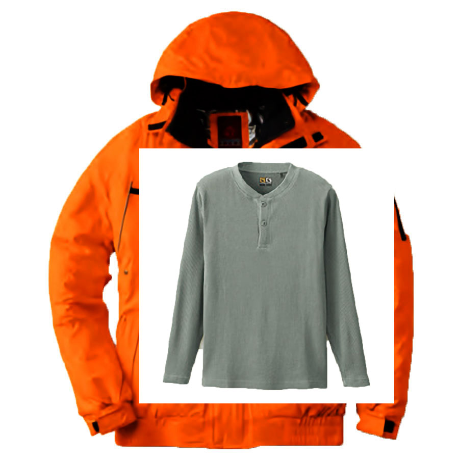 防寒コーデ・セットアップ ブルゾン(裏アルミプリント)+8.8ozヘンリーネックシャツ M～LL (オレンジ(Outer)+ヘザーグレー(Inner))