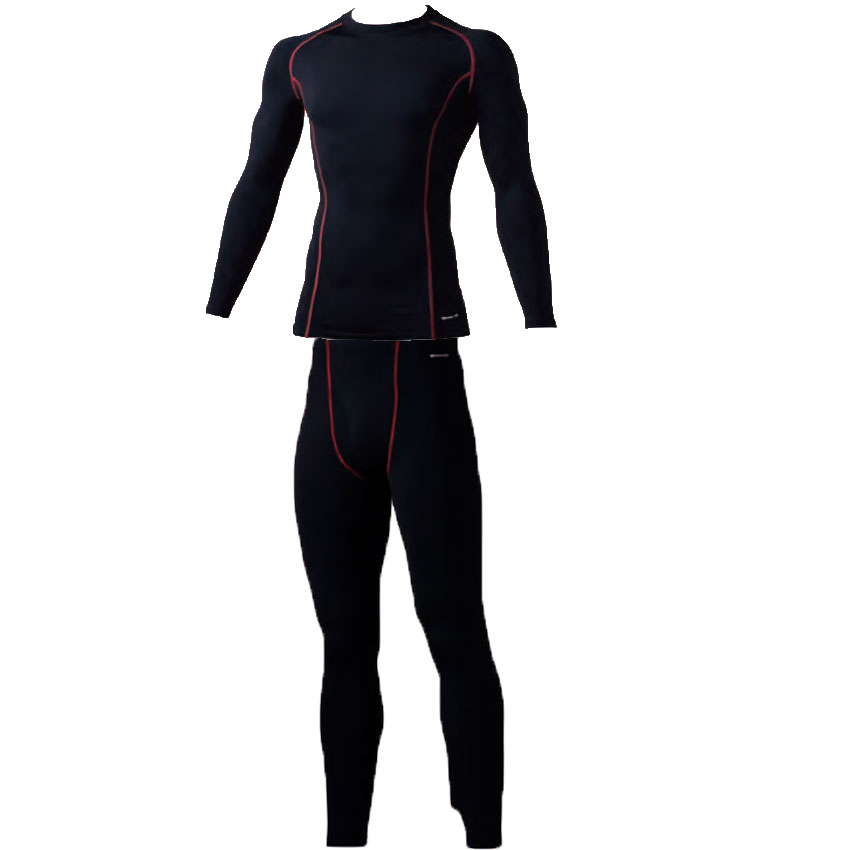 防寒サポートウェア上下セット クルーネック+ロングタイツ(前開き) SS～3Lサイズ (上下ブラックxレッドライン)