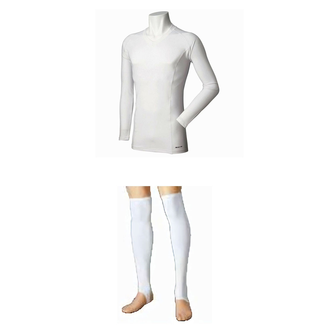 防寒(裏起毛)インナーVネックシャツ長袖+レッグサポーターセットアップ M・Lサイズ (ホワイト)