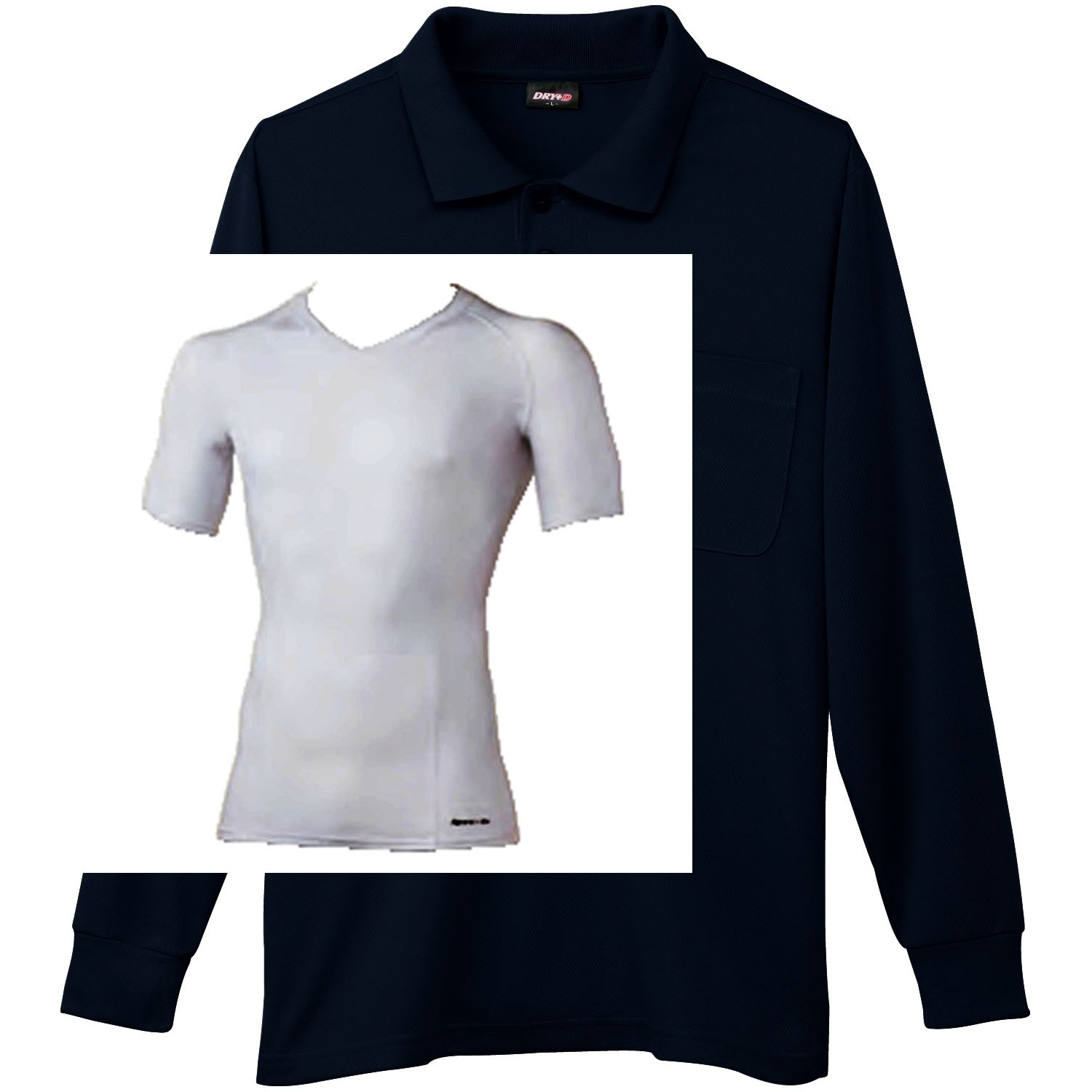 防寒ゴルフウェアTOPS 2点セット 裏起毛で暖かいサポートシャツ(半袖・Vネック)+長袖ポロシャツ (ネイビー+Vネックインナー(白))