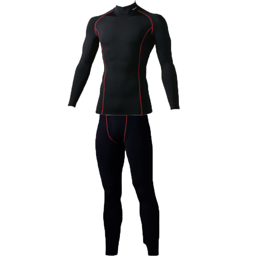 防寒サポートウェア上下セット ハイネック+ロングタイツ(前開き) SS～3Lサイズ (上下ブラックxレッドライン)