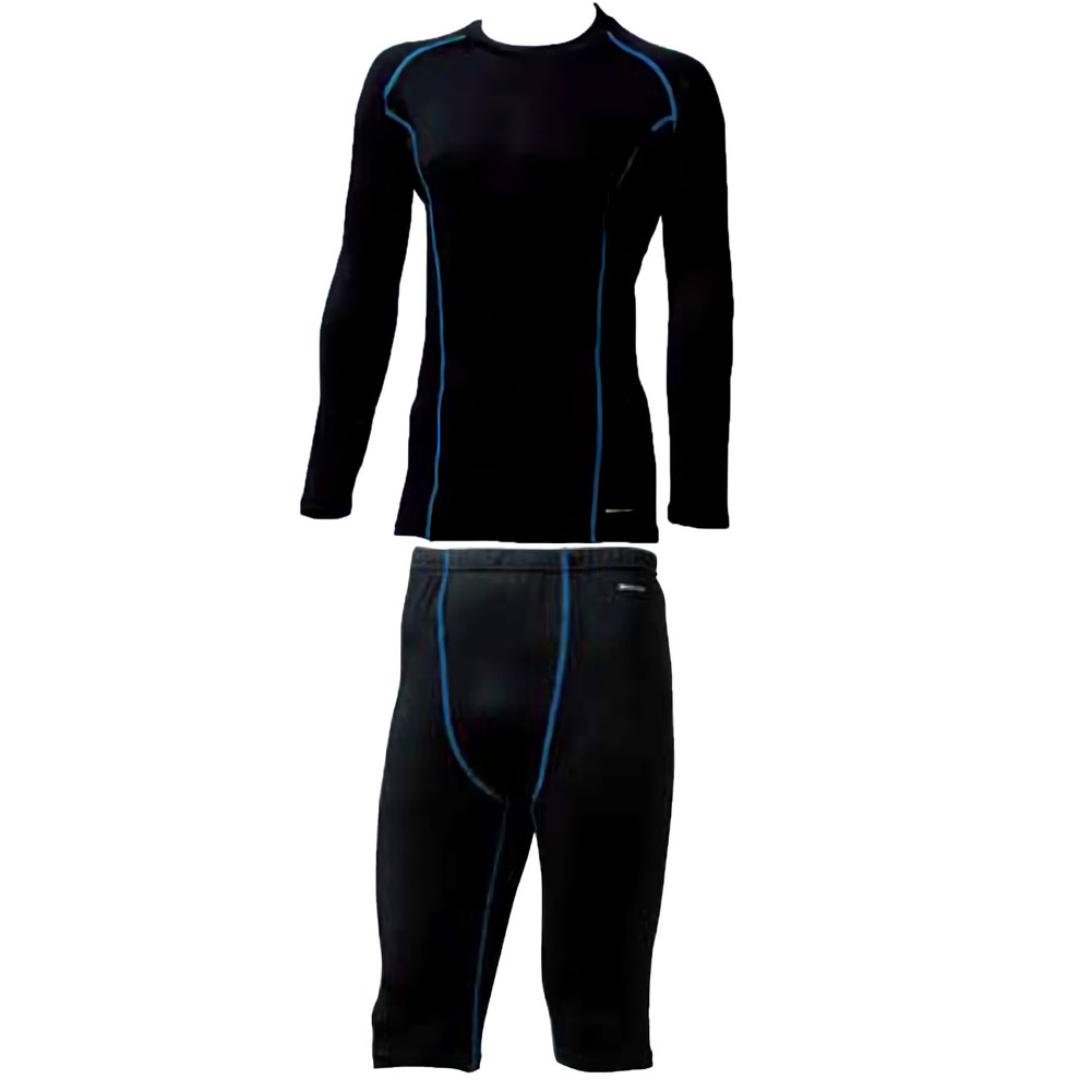 サポートウェア上下(吸汗速乾、サラッとした着心地) 長袖Tシャツ+ハーフパンツ (ブラックxブルーライン)