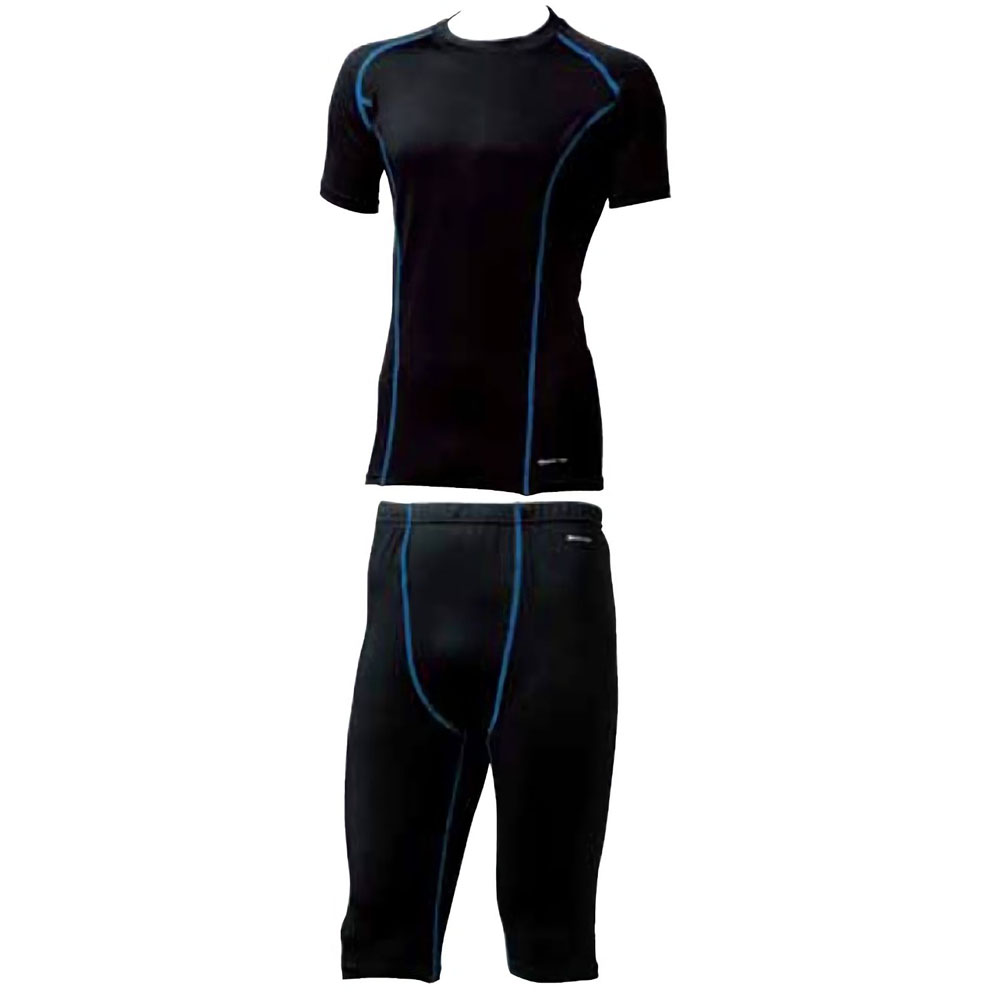 サポートウェア上下(吸汗速乾、サラッとした着心地) 半袖Tシャツ+ハーフパンツ (ブラックxブルーライン)