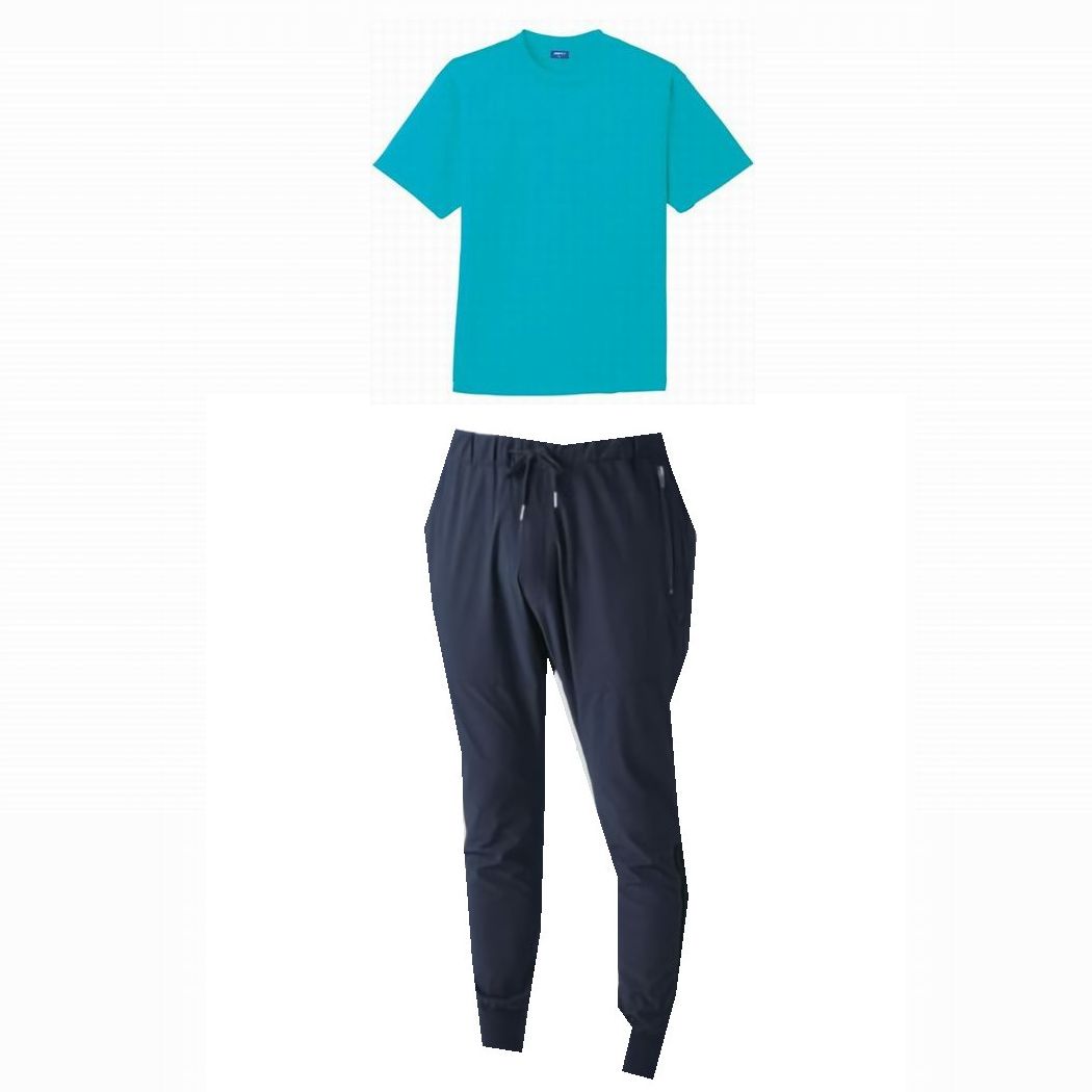 ジョガーパンツ+半袖Tシャツ(胸ポケット無し)セットアップ S～LLサイズ (ターコイズ(Tシャツ)+ネイビー(パンツ))
