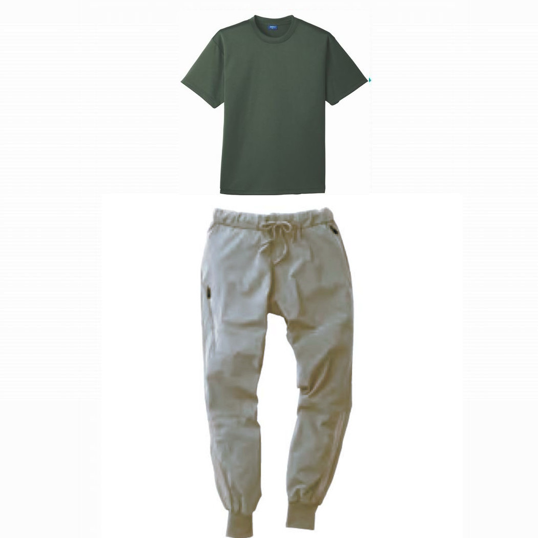 アーミー(Tシャツ)+シルバーグレー(パンツ)