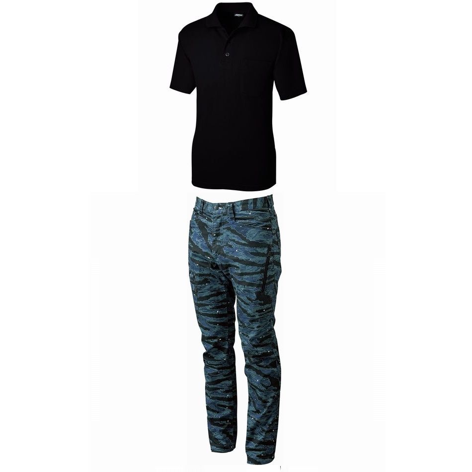 迷彩柄ストレッチ・カーゴパンツ+半袖ポロシャツ 上下セットアップ S～LLサイズ (上ブラック+下カモフラブルー)