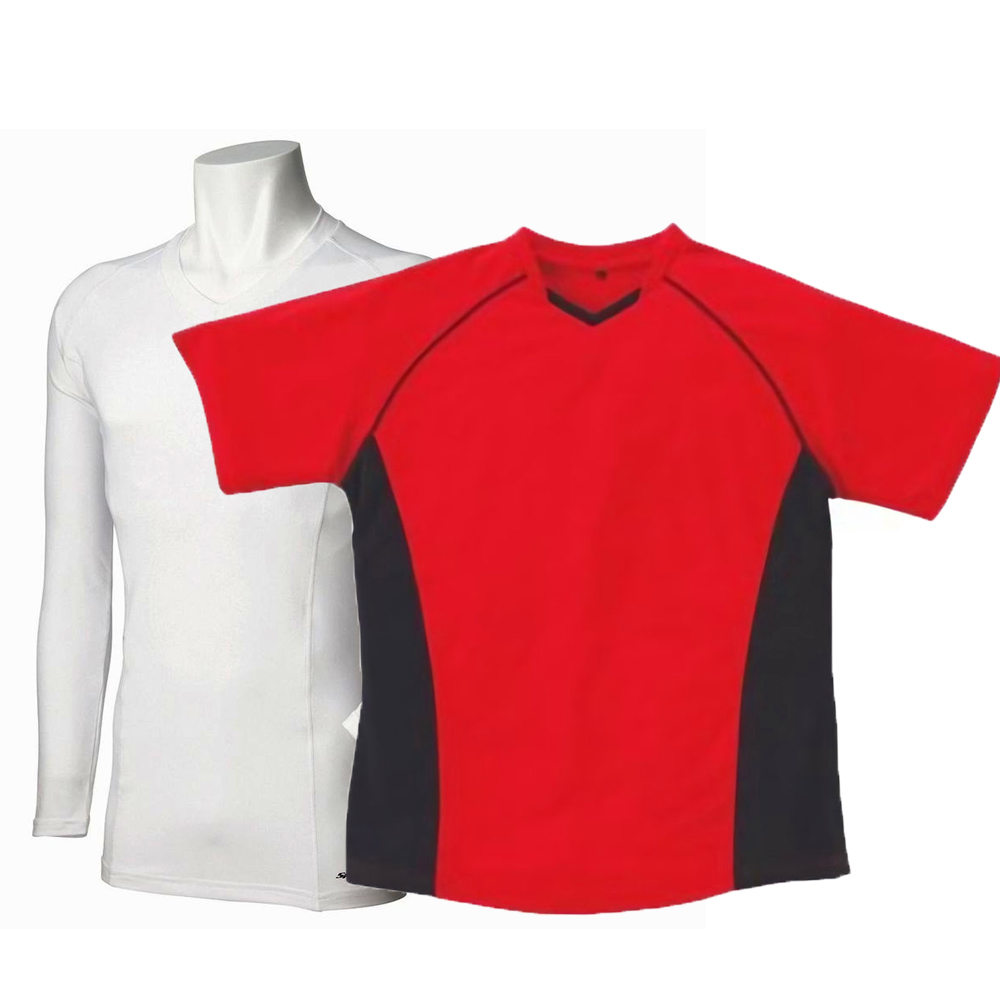 防寒ランニングウェア トップス重ね着2点セット 裏起毛サポートインナー+半袖Tシャツ (レッド+ホワイト(インナー))