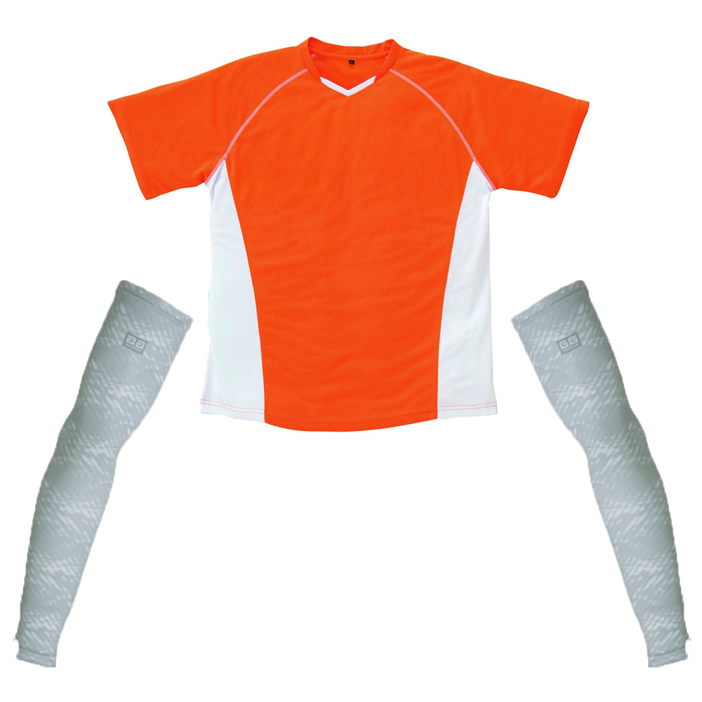 エクササイズウェア 4.4oz トップスセットアップ 半袖ドライTシャツ+アームサポーター (オレンジ(シャツ)+シルバーグレー)
