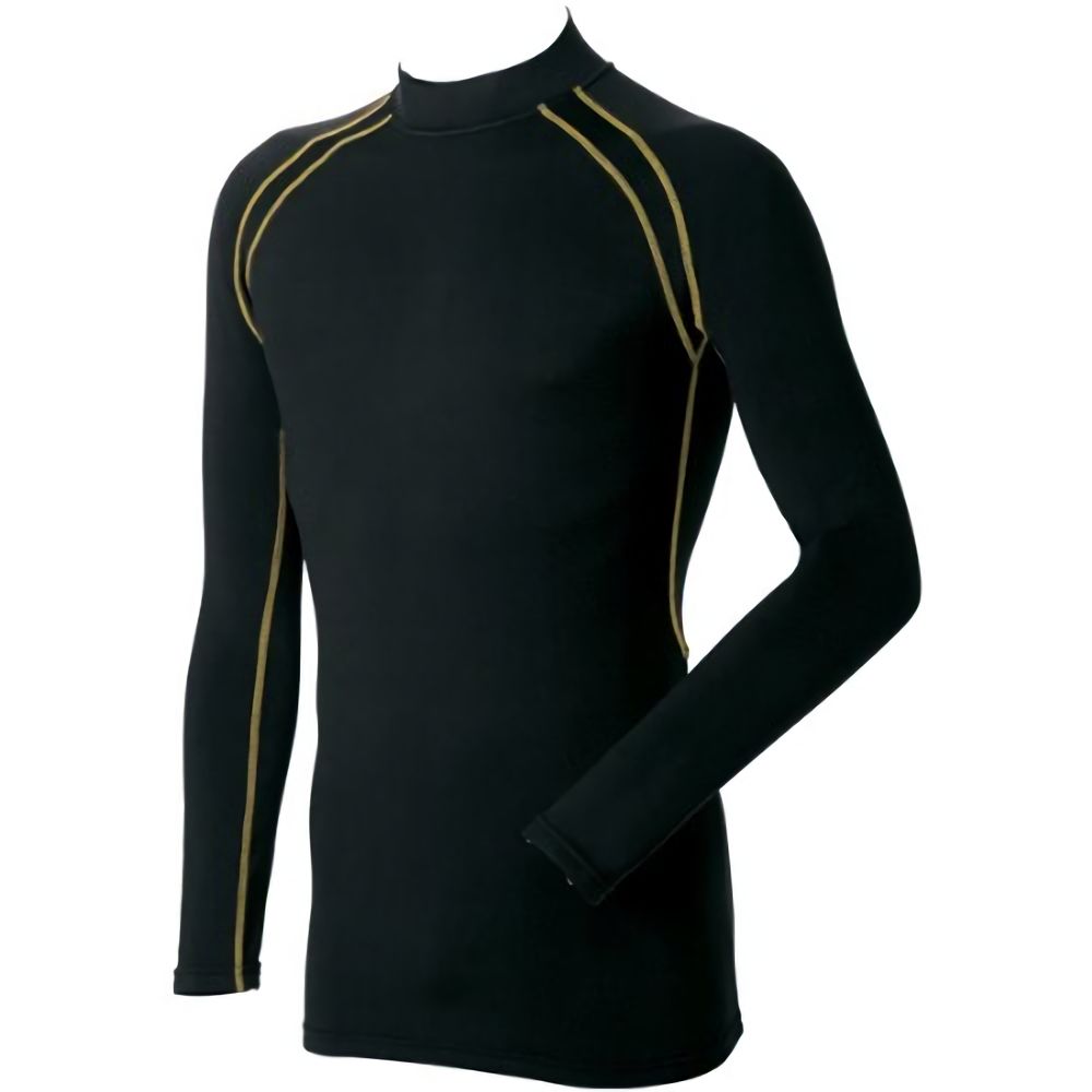 PROTECT GEAR コンプレッションウェア 防寒(裏起毛)インナーハイネックシャツ長袖 スノボ (ブラックxゴールドライン)