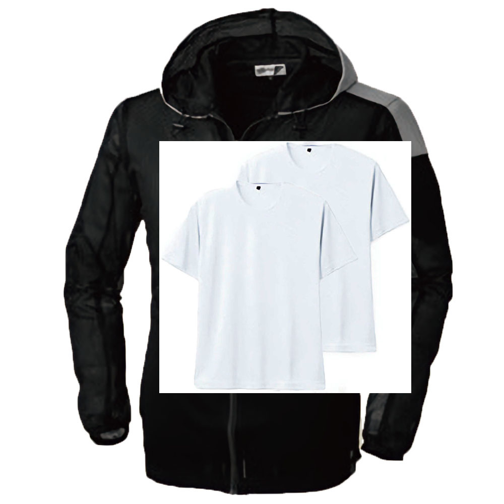 COOLセットアップ 長袖遮熱フルジップパーカー+薄手のTシャツ(3.4oz)2枚組 M～3L (ブラック(Outer)+ホワイト(Inner))