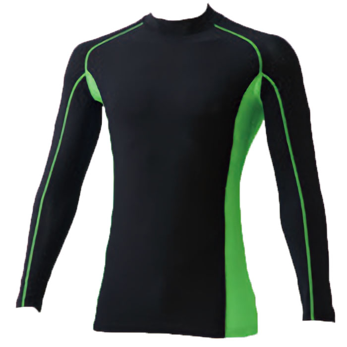 G.GROUND 冷感長袖サポートクルーネックシャツ S～3Lサイズ (ブラックxライトグリーン)
