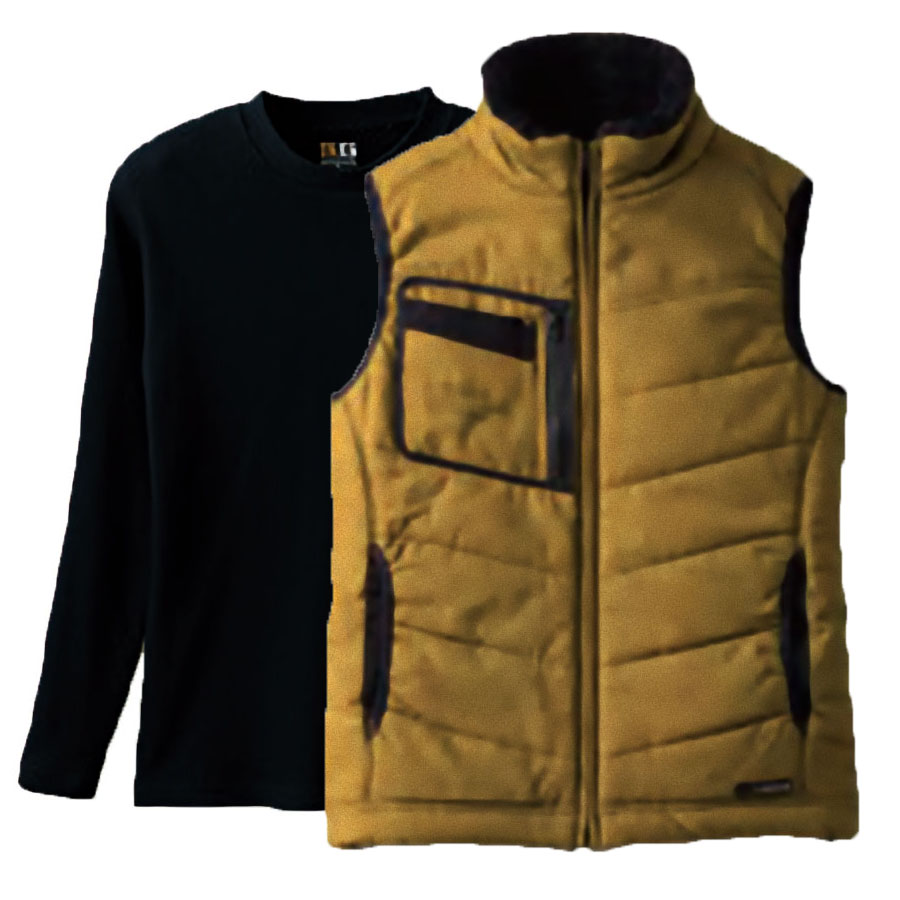 G.GROUND重ね着コーデ 防寒ベスト+8.8oz厚手の長袖Tシャツ(消臭) 4Lサイズ (ブラウン(Outer)+ブラック(Inner))