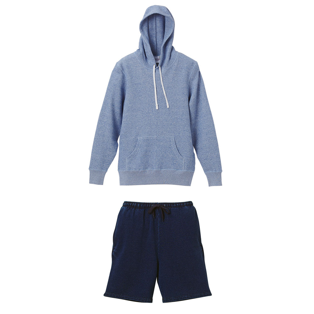 スウェット上下学割セットアップ プルオーバーパーカー+ショーツ S～LL(XL)サイズ (上ヴィンテージへザーブルー+下ワンウォッシュ)