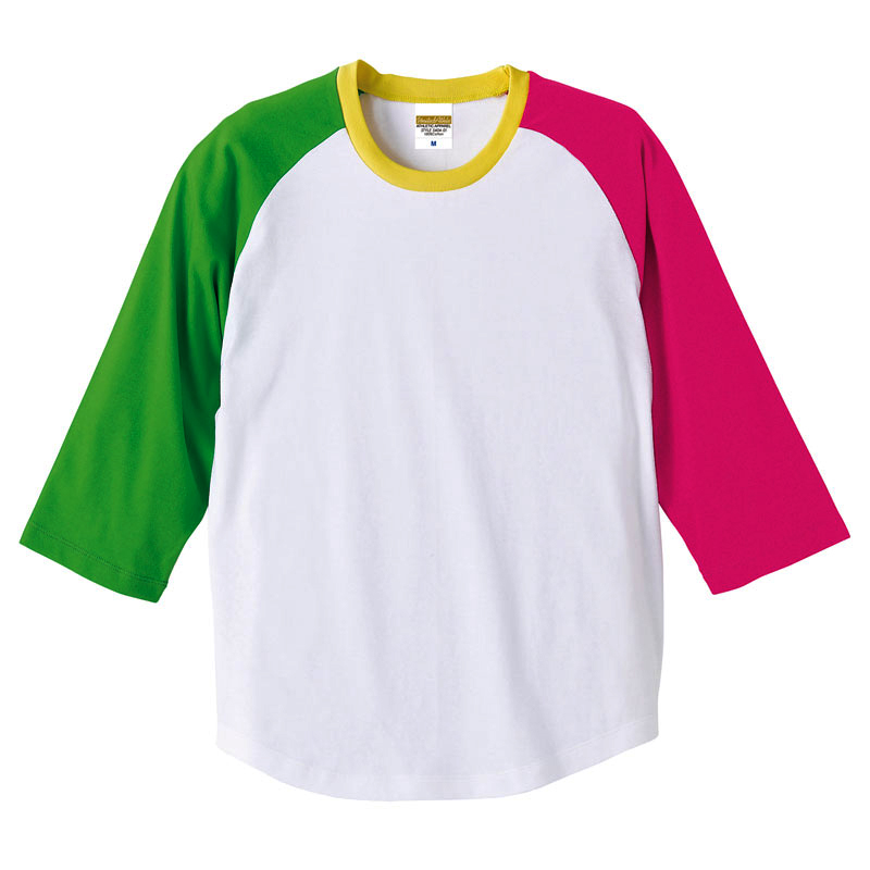 ユナイテッドアスレ 5.0oz カラフル3÷4ラグランスリーブ(七分袖)Tシャツ S～XLサイズ (B.グリーン・T.ピンク・イエロー・ホワイト)