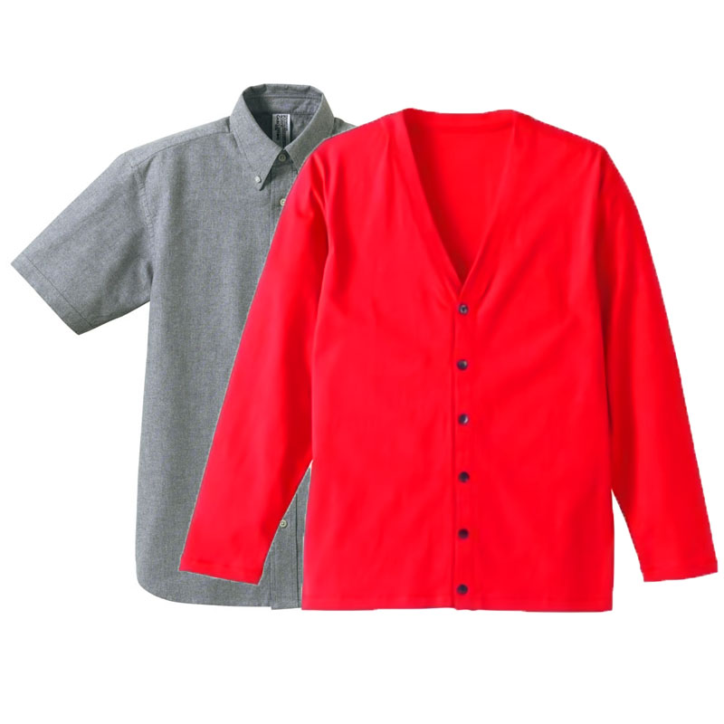 コーデ・セットアップ コットンカーディガン(ユナイテッドアスレ)+CAB半袖シャツ (フレンチレッド(Outer)+OXグレー(Inner))