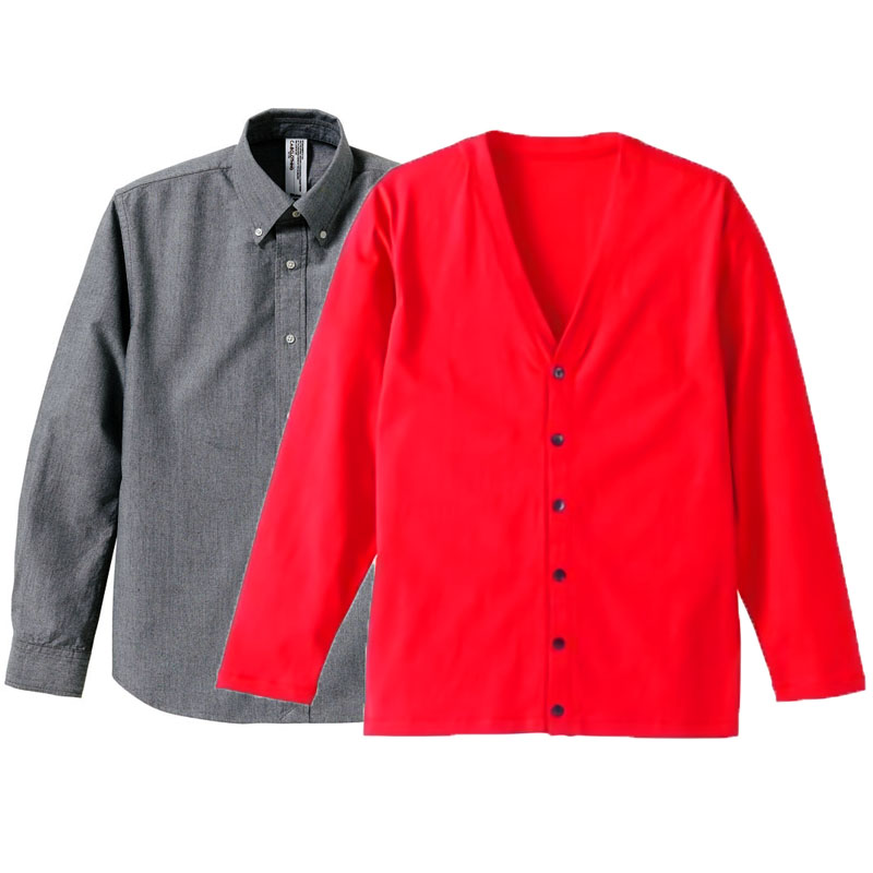 コーデ・セットアップ コットンカーディガン(ユナイテッドアスレ)+CAB長袖シャツ (フレンチレッド(Outer)+OXグレー(Inner))