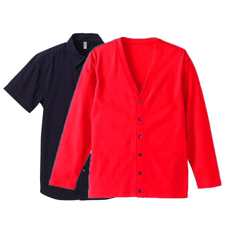 コーデ・セットアップ カーディガン(ユナイテッドアスレ)+CABストレッチクロス半袖シャツ (フレンチレッド(Outer)+ネイビー(Inner))
