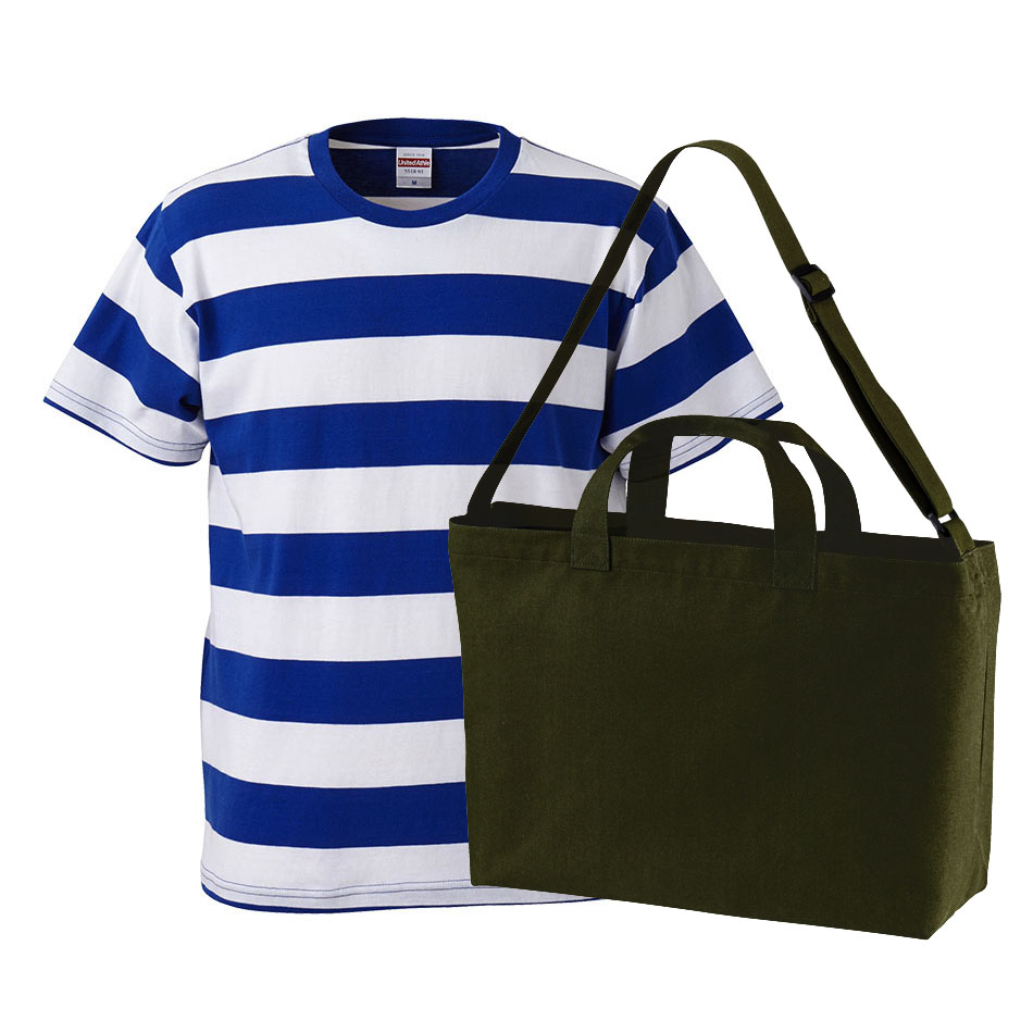 ユナイテッドアスレ 5.0oz ボーダーTシャツ+ラージショルダーバッグ・コーデ学割セット (ブルー・ホワイト(Tシャツ)+OD(バッグ))