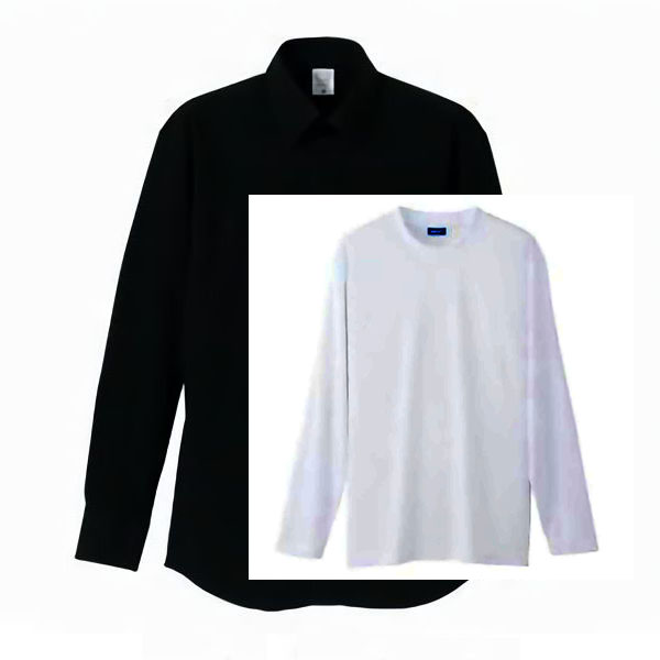 ボタンダウン長袖シャツ 4.7oz +インナー長袖Tシャツ 学割セットアップ (ブラック+ホワイト(インナー))