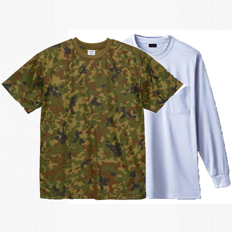 DRY 迷彩色Tシャツ(半袖)+長袖Tシャツ(袖口リブ・胸ポケット 有り) コーデ・セットアップ (新迷彩(半袖)+ホワイト(長袖))