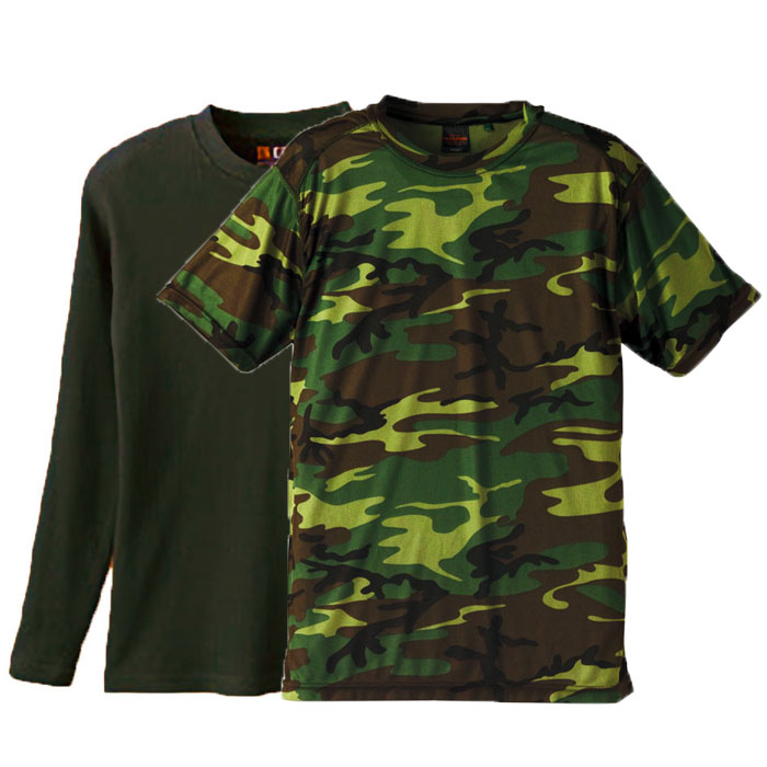 重ね着コーデ:カモフラージュ半袖Tシャツ+ 8.8oz 長袖ヘンリーネックシャツ M～LL(XL) (ウッドランド(Outer)+アーミー(Inner))