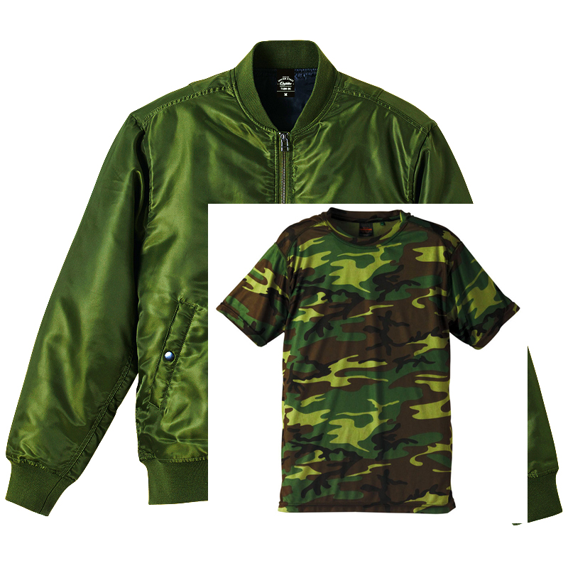C.A.B. 迷彩色Tシャツ+MA-1ジャケット(中綿入り) セットアップ S～XLサイズ (ウッドランド(Tシャツ)+OD(MA-1))