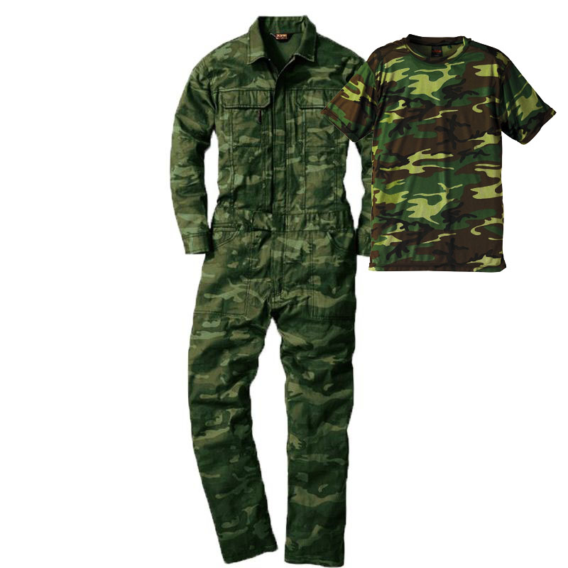 サバイバルセットアップ ドライクールナイス迷彩Tシャツ(インナー)+迷彩色つなぎ (ウッドランド(インナー)+カモフラグリーン)