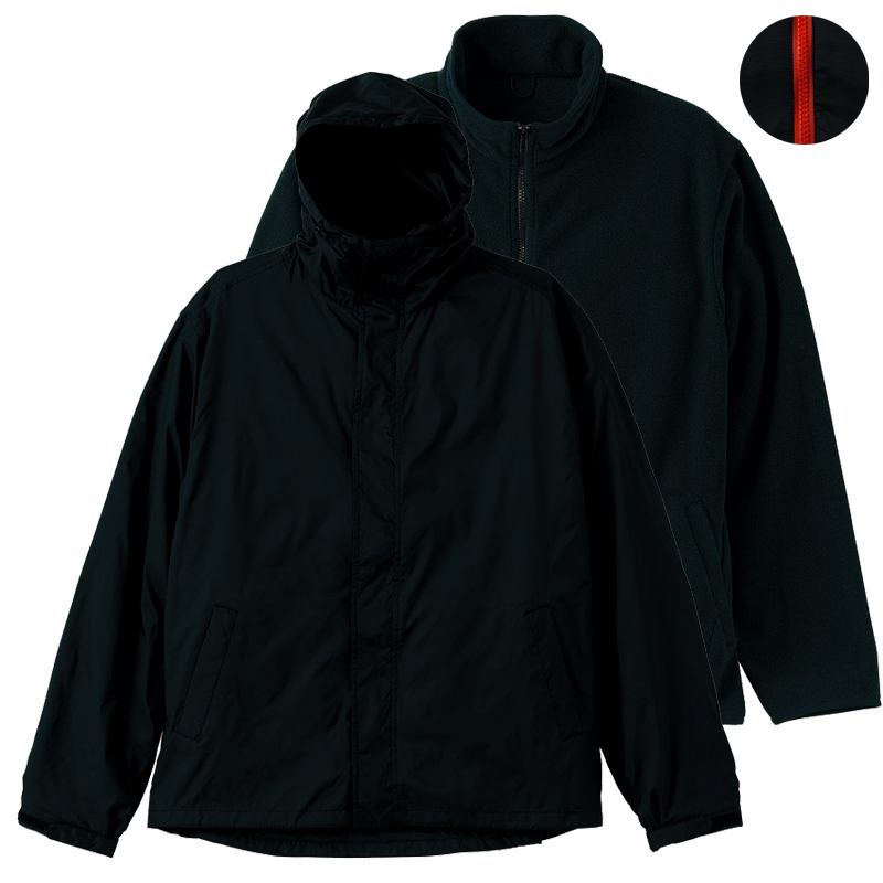 ユナイテッドアスレ ナイロン&フリース(ファスナー着脱)3WAYフルジップパーカー (ブラック・レッド(Innerフリース:ブラック))