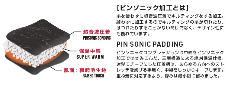 <br />
【ピンソニック加工とは】<br />
糸を使わずに超音波圧着でキルティングをする加工。<br />
縫わずに加工するのでキルティングの糸が切れたり、<br />
ほつれたりすることがないだけでなく、デザイン性に<br />
も優れています。<br />
<br />
PIN SONIC PADDING<br />
ピンソニックコンプレッションは中綿をピンソニック<br />
加工ではさみこんだ、三層構造による絶対保温仕様。<br />
迷彩モチーフにした圧着柄は、あらゆる方向へのスト<br />
レッチを妨げる事無く、中綿をしっかりキープします。<br />
重ね着に対応するよう、厚みは最小限に留めました。<br />
