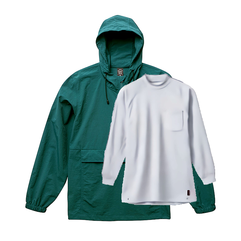 コットンライク ナイロン アノラック パーカー+裏起毛インナーハイネックシャツ セットアップ (アンティークグリーン+ホワイト(インナー))