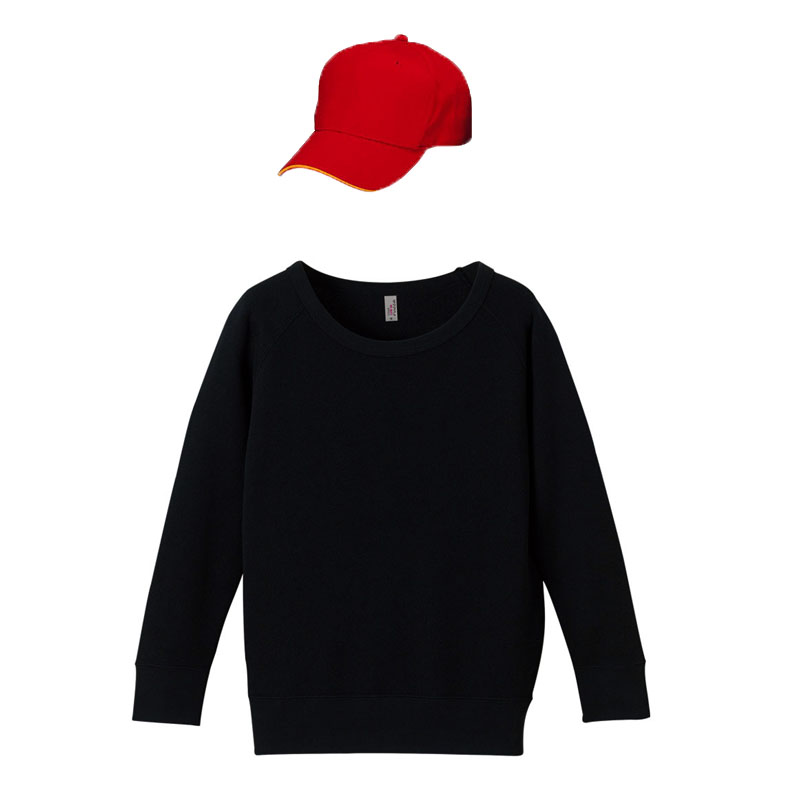 レディース クルーネックスウェット+メジャーキャップ(レッド・オレンジ) コーデセット (ブラック+レッド・オレンジ(帽子))